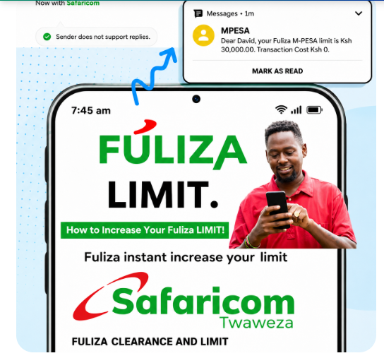 Safaricom Fuliza promotional graphic showing how to increase your Fuliza limit